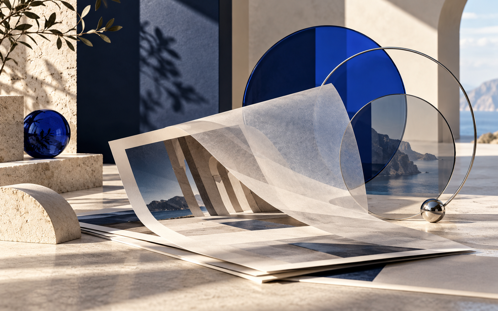 Editorial objects and glass lenses representing publisher discovery